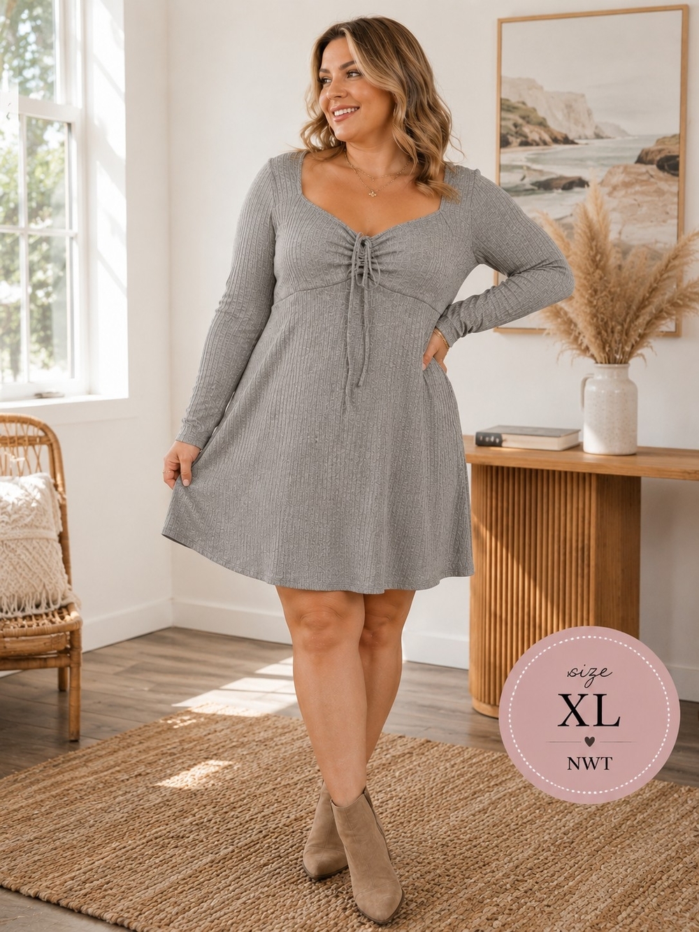 Lush NWT Gray Ribbed Knit Fit & Flare Dress Size XL